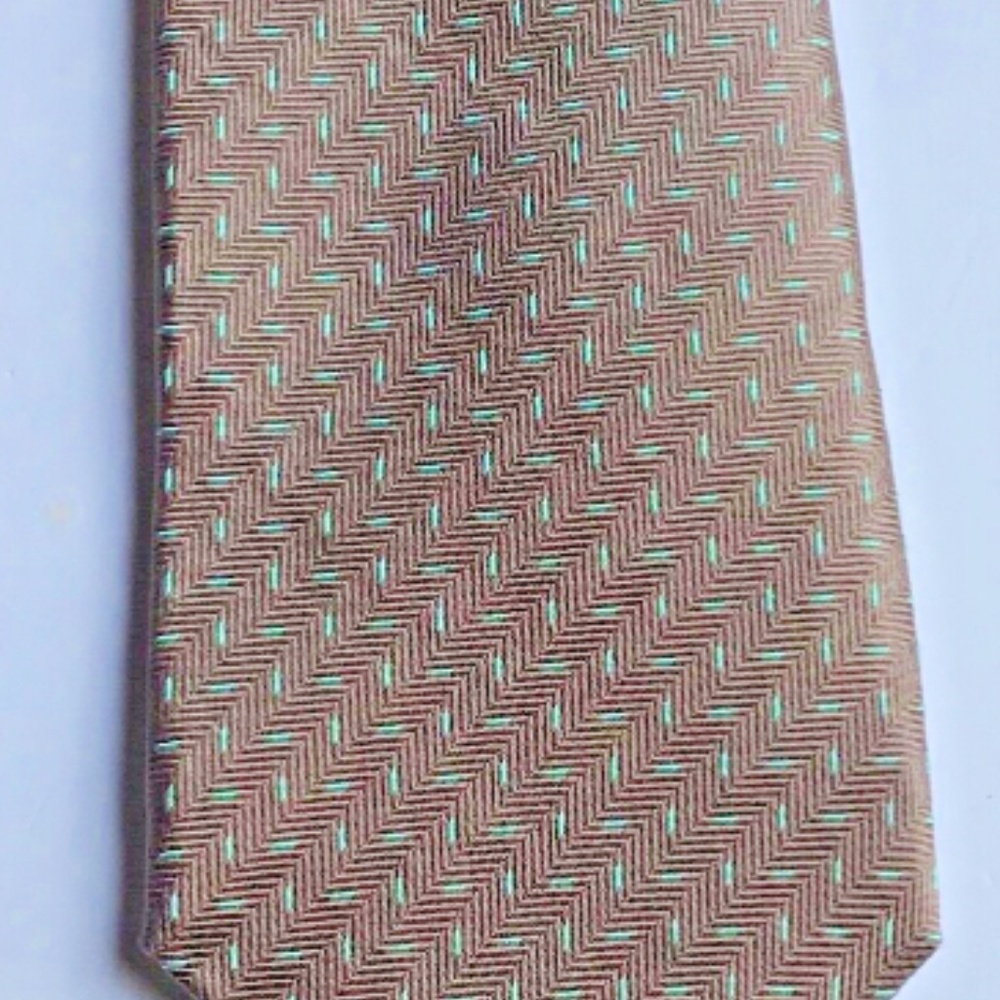 T M  Lewin light brown , green motifs   textured all silk tie